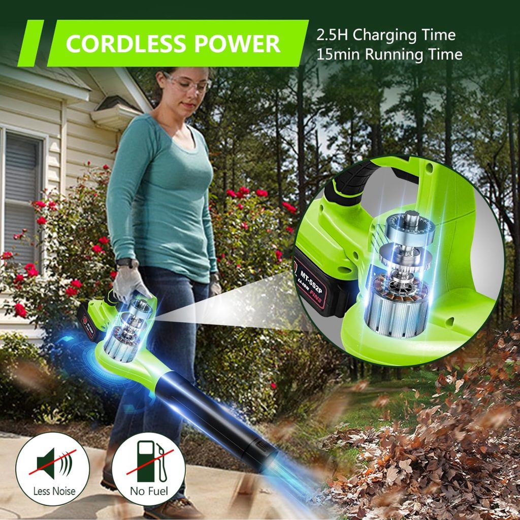 Cordless Leaf Blower, Leaf Blower Cordless with Battery and Charger, 3.0Ah Battery Powered Leaf Blowers Handheld Electric Blowers for Lawn Care, Patio, Snow, Dust, Blowing Leaves (Green)