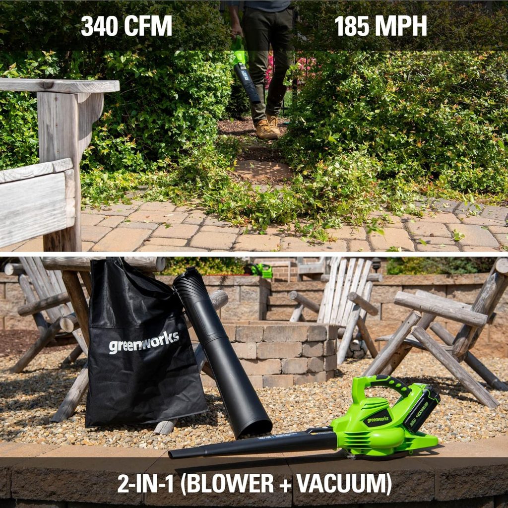 Greenworks 40V (185 MPH / 340 CFM / 75+ Compatible Tools) Cordless Brushless Leaf Blower / Vacuum, Tool Only