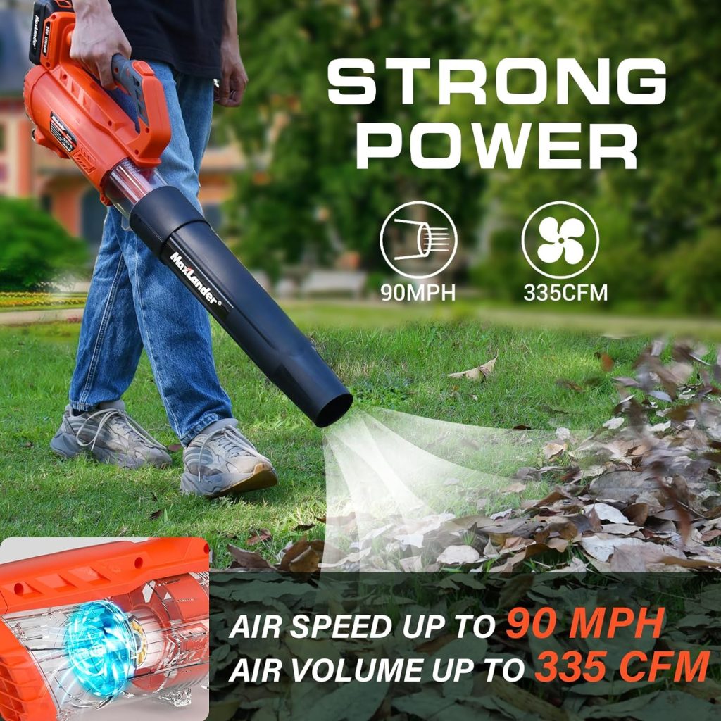 Leaf Blower Cordless with Battery and Charger, Maxlander 335cfm Cordless Leaf Blower, 2-Speed Dial Battery Powered Leaf Blower, Electric Leaf Blower with 2pcs Batteries for Leaf Blowing Lawn Care Snow