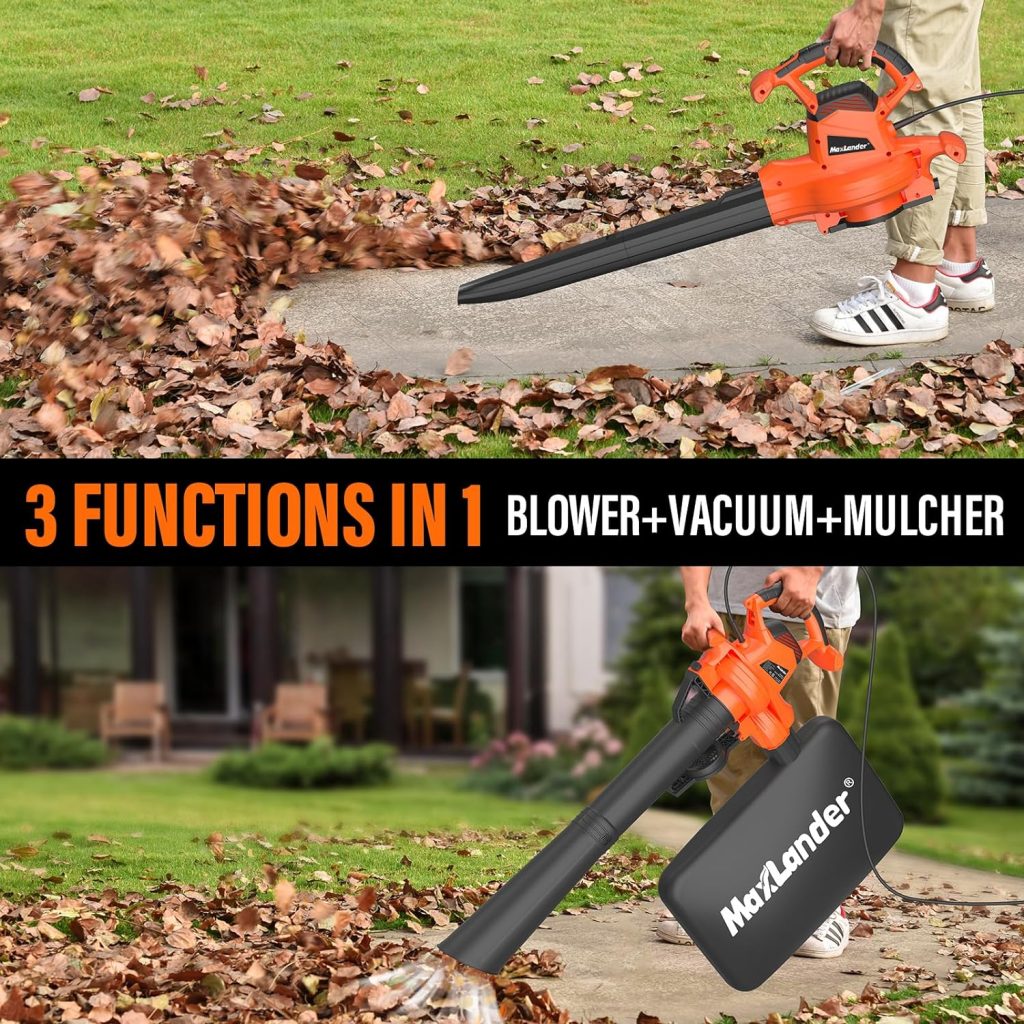 MAXLANDER 3 in 1 Electric Leaf Blower/Vacuum/Mulcher with Bag,12Amp 365CFM Corded Leaf Blower Vacuum with Metal Impeller,2-Speed Dial Leaf Blower for Lawn Care