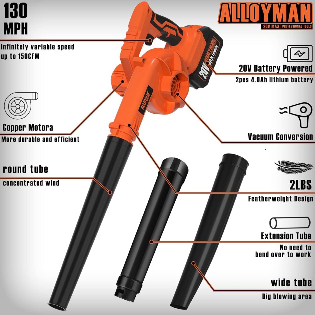 Alloyman Leaf Blower, 20V Cordless Leaf Blower, with 4.0Ah Battery  Charger, 2-in-1 Electric Leaf Blower  Vacuum for Yard Cleaning/Snow Blowing.