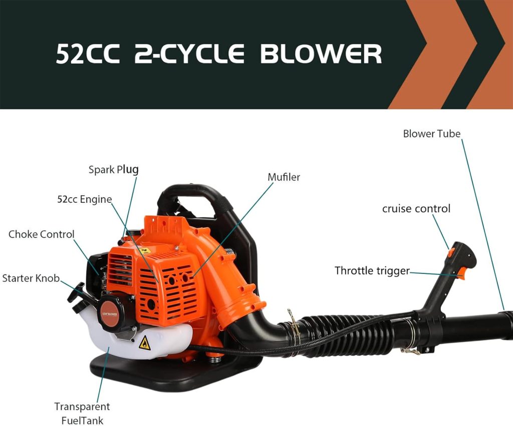 Backpack Blowers Gas Powered - 52CC 550CFM 2 Stroke Gas Powered Backpack Leaf Blower, Snow Blower Leaf Blower with Air-Cooled for Dust, Snow Debris, Lawn Care,Yard Cleaning (Orange)