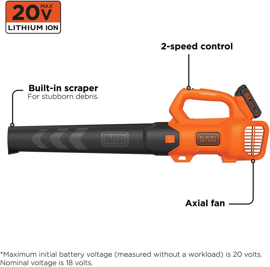 BLACK+DECKER 20V MAX Cordless Leaf Blower, 2-Speed, Up To 90 MPH, with Battery and Charger (BCBL700D1)