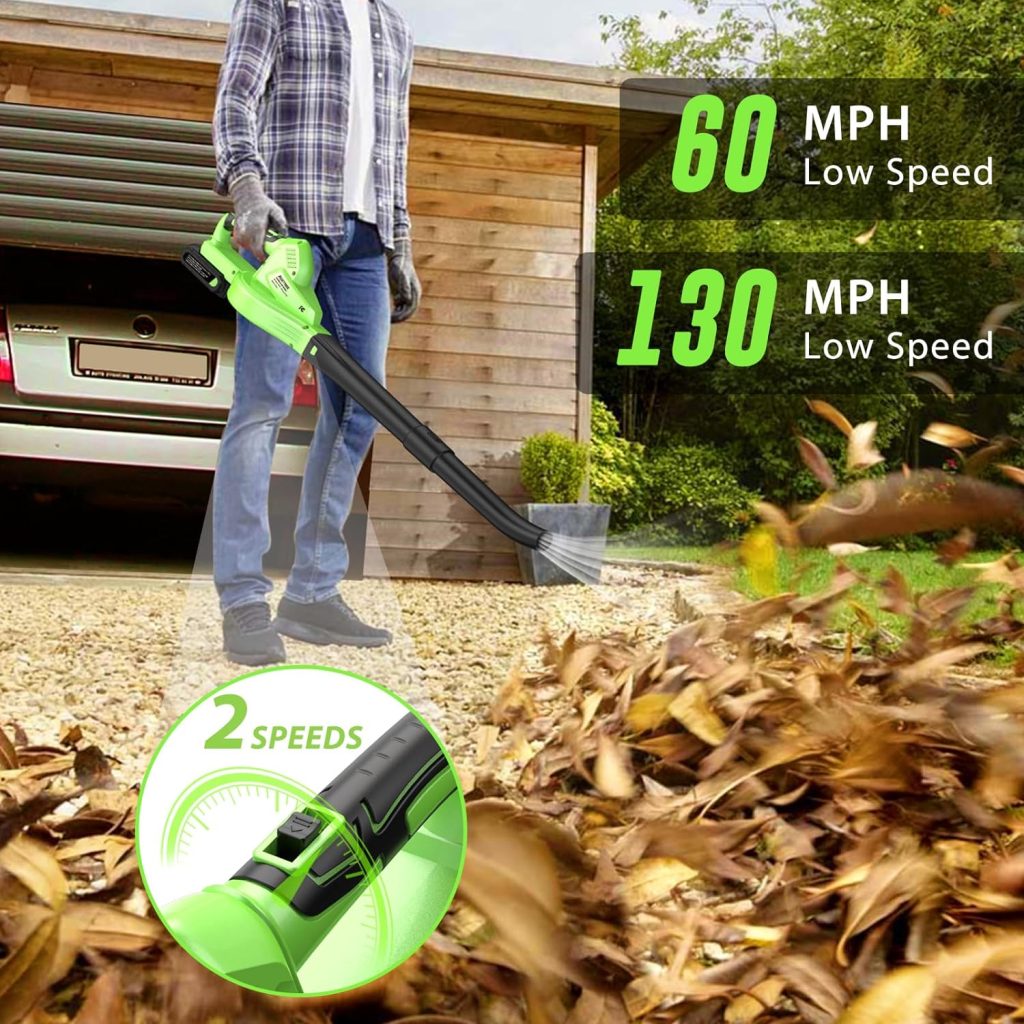 Cordless Leaf Blower - Lightweight Electric Blower with 2 Batteries  Charger - 20V Battery Powered Small Handheld Blower for Lawn Care Green