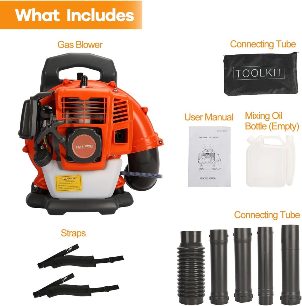 Leaf Blower, 63CC 2-Stroke Engine Leaf Blower Gas Powered, 665 CFM Backpack Leaf Blower, Backpack Leaf Blower Gas with Powerful Wind, Gas Blower Leaf for Lawn Road (63CC Orange)