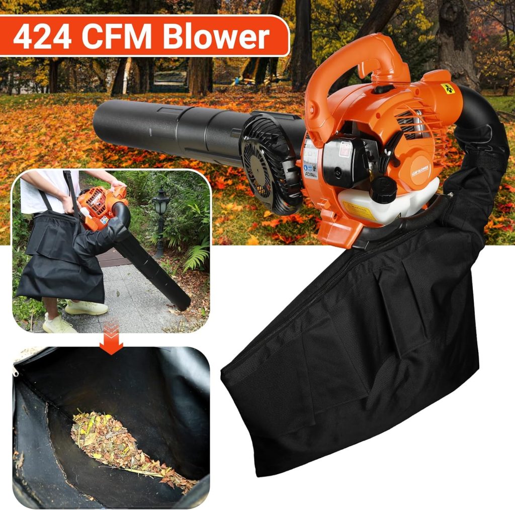 Leaf Vacuum Cordless with Bag, 2 in 1 Gas Powered Leaf Mulcher 2 Stroke 424 CFM Leaf Blower Vacuum Dual-Purpose Leaf Sucker Cleaner with Straight and Curved Blow Pipe, for Leaf Snow(Delivery from US)