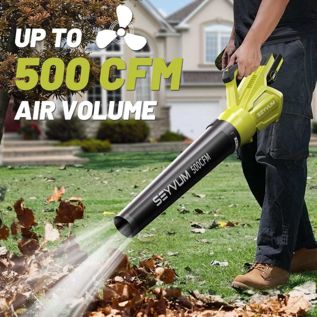 SEYVUM Leaf Blower Cordless, 500CFM 20V Electric Leaf Blower for Lawn Care with 2 X 2.0Ah Battery and Charger, Battery Powered Leaf Blower Lightweight Powerful for Patio, Garden, Yard