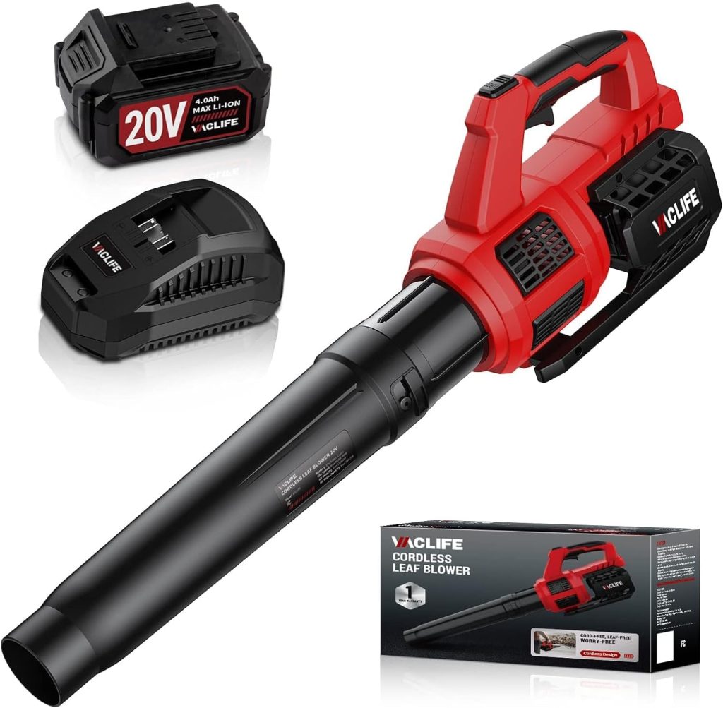 VacLife Leaf Blower Cordless with Battery and Charger-350CFM 150MPH 20V Electric Leaf Blower, Perfect for Lawn, Yard, Garage, Patio  Sidewalk Red (VL717)