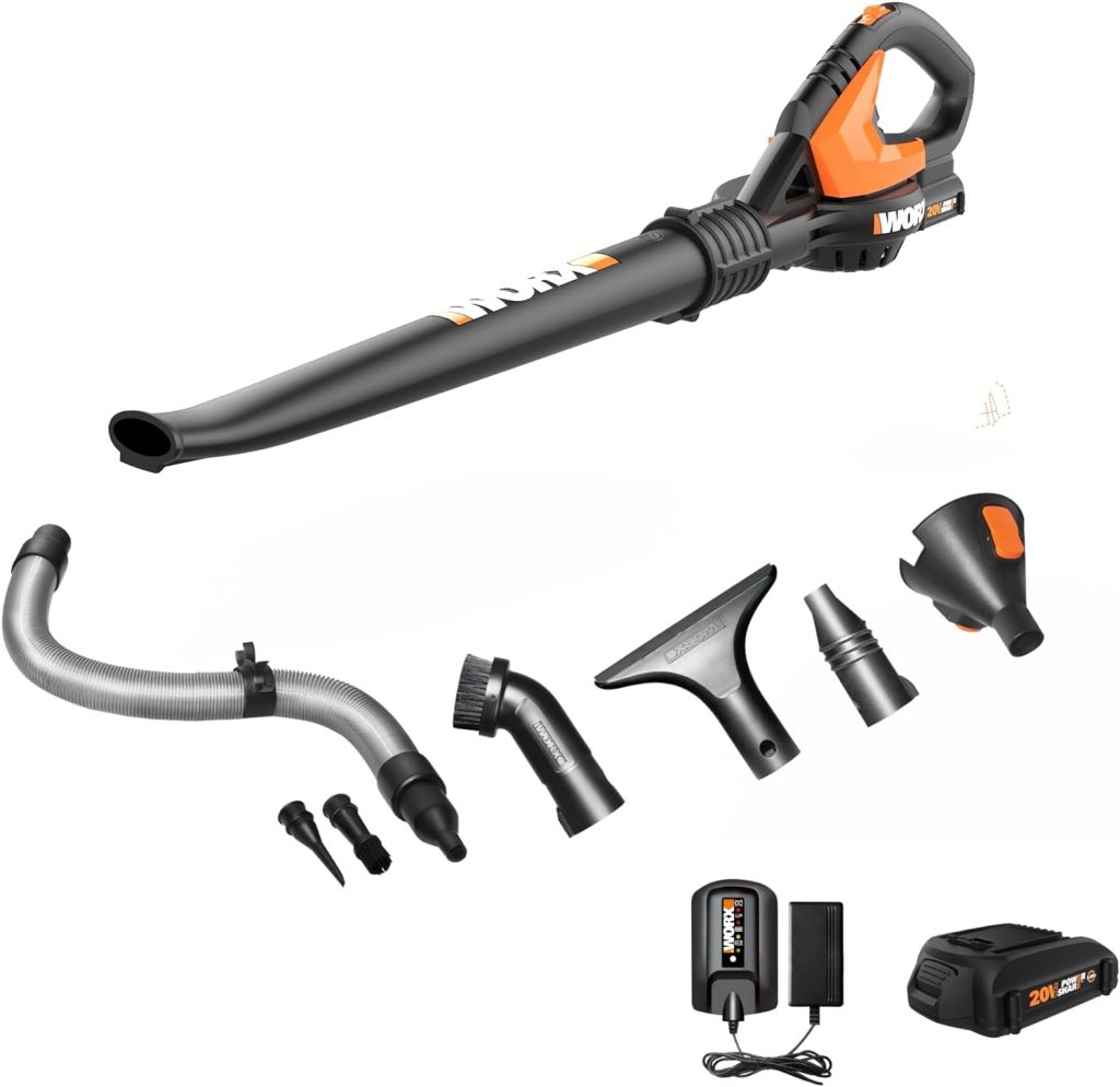 Worx 20V Cordless Leaf Blower WG545.1, Up to 120 MPH Air Speed, Long Nozzle Design for Narrow Spaces, Ideal for Indoor and Outdoor Cleaning, 9x Cleaning Attachments, Battery and Charger Included