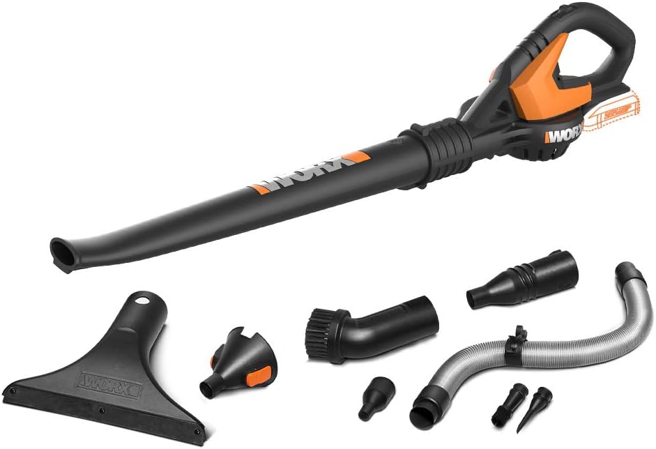 Worx 20V Cordless Leaf Blower WG545.1, Up to 120 MPH Air Speed, Long Nozzle Design for Narrow Spaces, Ideal for Indoor and Outdoor Cleaning, 9x Cleaning Attachments, Battery and Charger Included