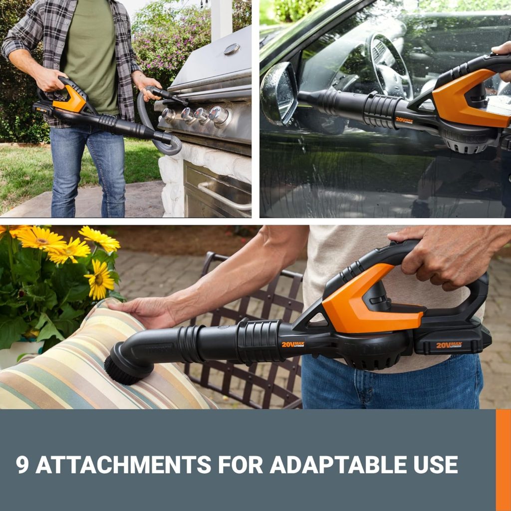 Worx 20V Cordless Leaf Blower WG545.1, Up to 120 MPH Air Speed, Long Nozzle Design for Narrow Spaces, Ideal for Indoor and Outdoor Cleaning, 9x Cleaning Attachments, Battery and Charger Included