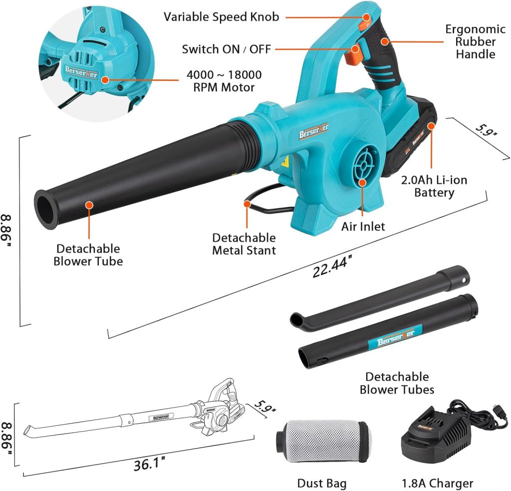 Berserker 20V Leaf Blower Cordless 2.0Ah Battery Operated and Charger Included,2-in-1 Compact Electric Powered Handheld Lightweight Variable-Speed Yard Vacuum for Lawn Care,Snow Blowing,Dust Cleaning