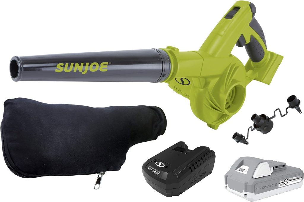 Sun Joe 24V-WSB-LTE 24-Volt IONMAX 185 MPH 105 CFM Cordless Workshop Blower/Vacuum Kit w/ 2.0-Ah Battery, Charger, and 2 x Dust Bags