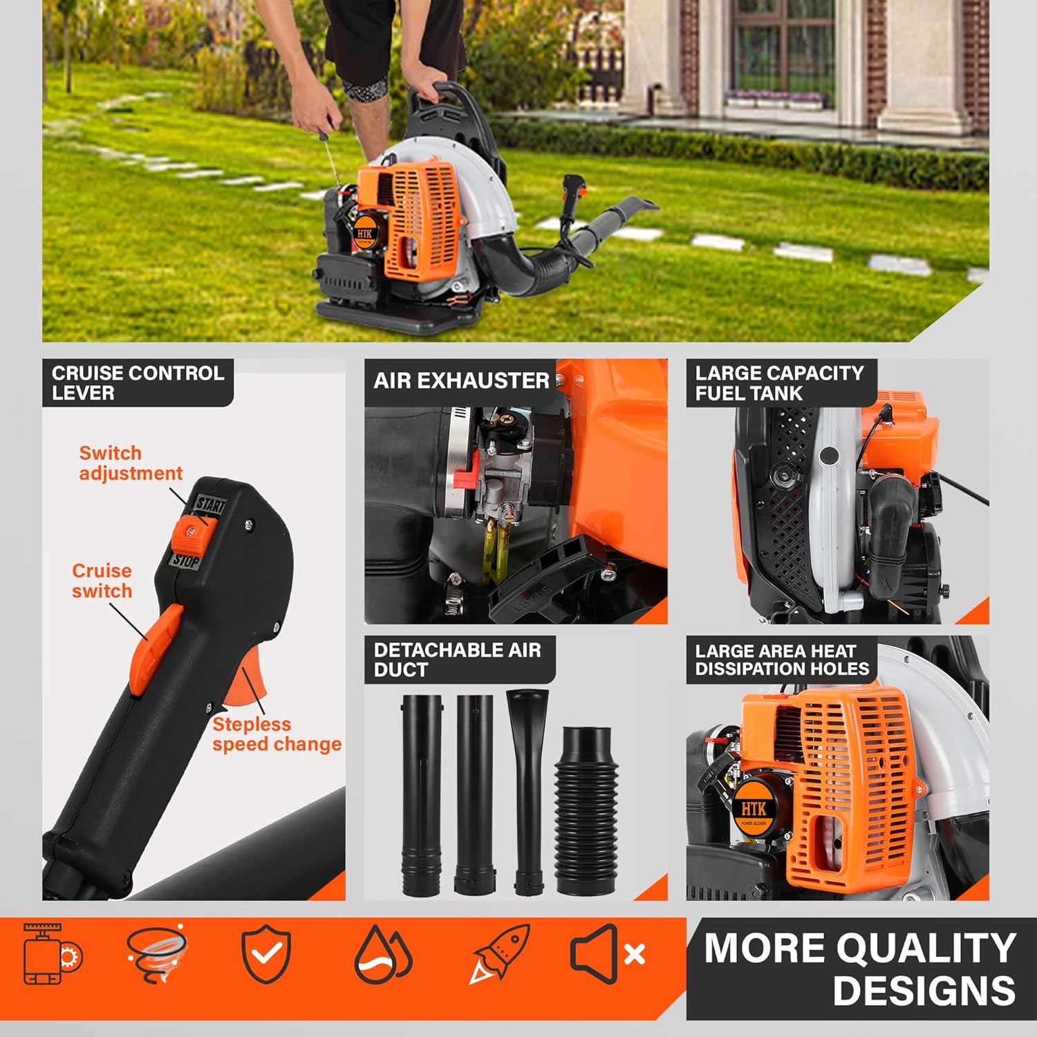 HTK 2-Stroke Gas-Powered Backpack Leaf Blower - 63CC Engine, High-Velocity 665CFM - Ergonomic  Fuel-Efficient - Ideal for Lawn, Dust, Snow  Debris Removal