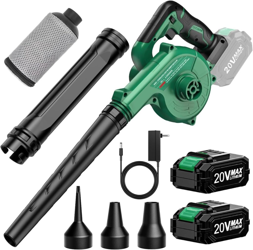 K I M O. Cordless Leaf Blower Vacuum Combo 4 IN 1, 3 Nozzles for Inflation  Compression,3 Modes  Variable Speed, 20000RPM 150MPH, 2000mAh Battery, Extended Tube, Mini Leaf Blowers for Lawn Care|Yard