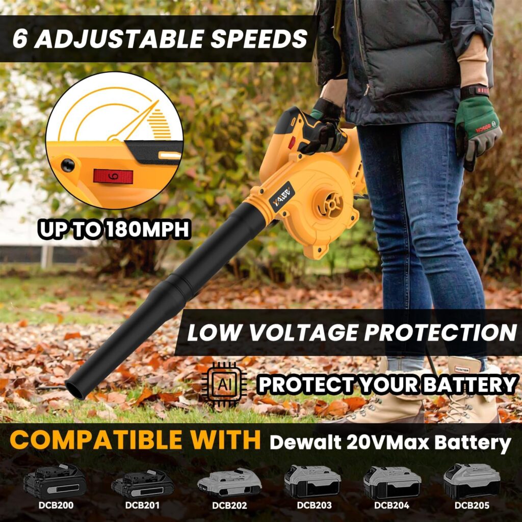 Cordless Leaf Blower for Dewalt 20V Max Battery, Jobsite Air Blower with Brushless Motor,6 Variable Speed Up to 180MPH,2-in-1 Handle Electric Blower and Vacuum Cleaner(Battery Not Included)
