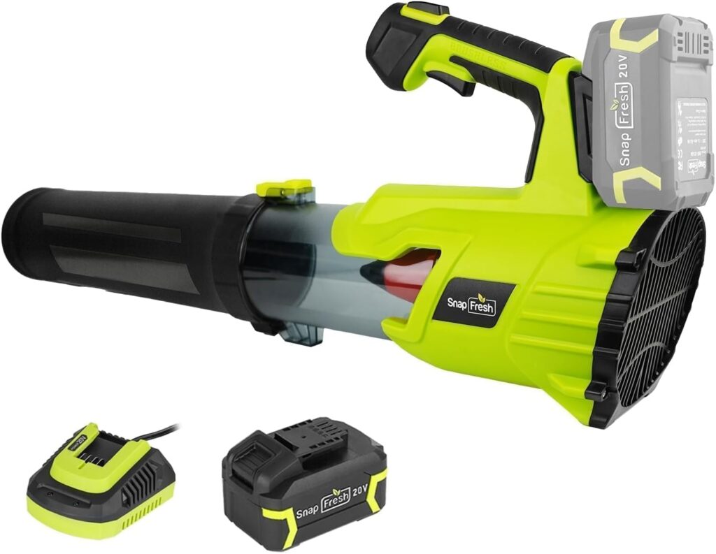 SnapFresh Cordless Leaf Blower - 20V Electric Leaf Blower with 2.0 Ah Battery and Charger - Lightweight 2-Speed Leaf Blower for Lawn Care and Yard/Garden/Patio Cleaning SnapFresh Cordless Leaf Blower - 20V Electric Leaf Blower with 2.0 Ah Battery and Charger - Lightweight 2-Speed Leaf Blower for Lawn Care and Yard/Garden/Patio Cleaning