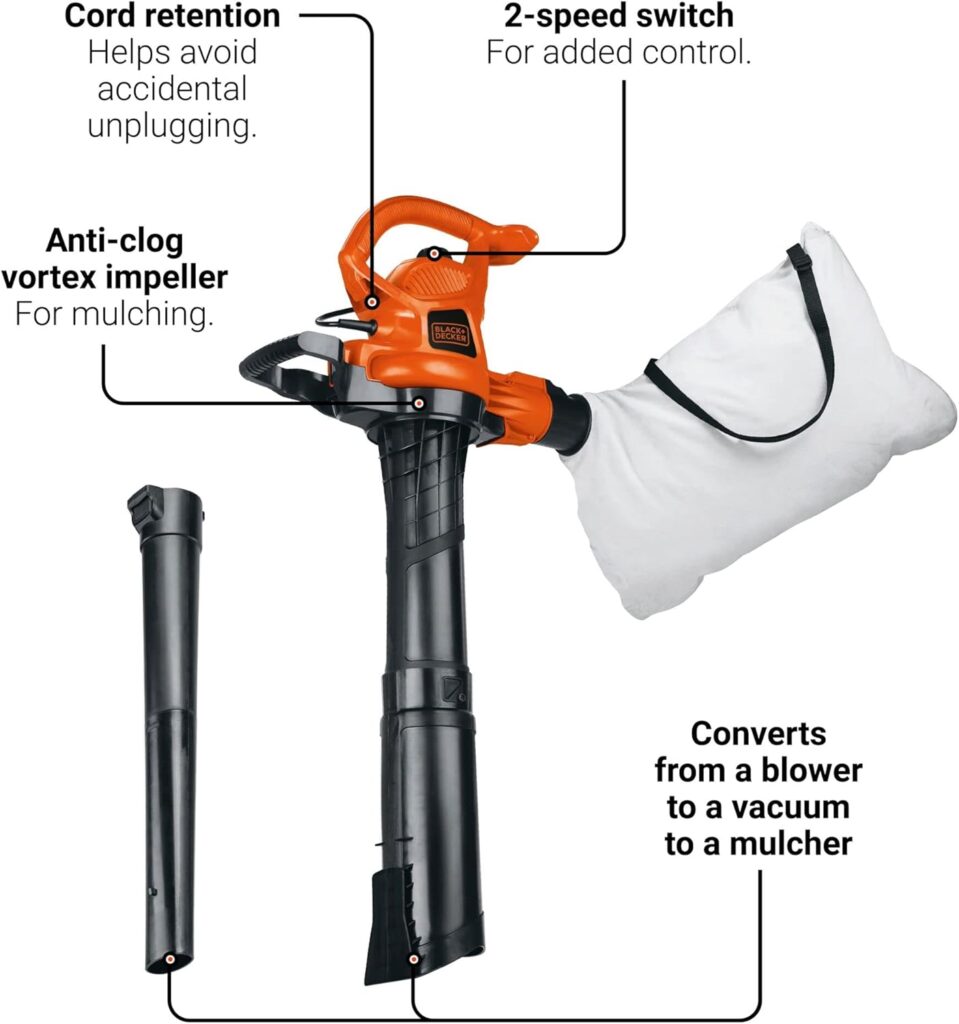 BLACK+DECKER Corded Leaf Blower Leaf Vacuum and Leaf Mulcher 3-in-1, Up to 230 MPH, 12 Amp Handheld Blower and Vacuum Combo (BV3600) BLACK+DECKER Corded Leaf Blower Leaf Vacuum and Leaf Mulcher 3-in-1, Up to 230 MPH, 12 Amp Handheld Blower and Vacuum Combo (BV3600)