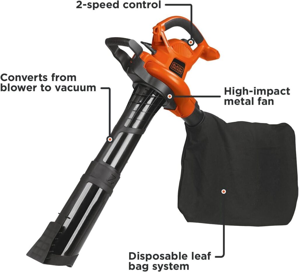 BLACK+DECKER Leaf Blower Leaf Vacuum and Leaf Mulcher 3-in-1, Electric Blowers for Lawn Care, 12 Amp, 250 MPH, 400 CFM (BV6000) BLACK+DECKER Leaf Blower Leaf Vacuum and Leaf Mulcher 3-in-1, Electric Blowers for Lawn Care, 12 Amp, 250 MPH, 400 CFM (BV6000)