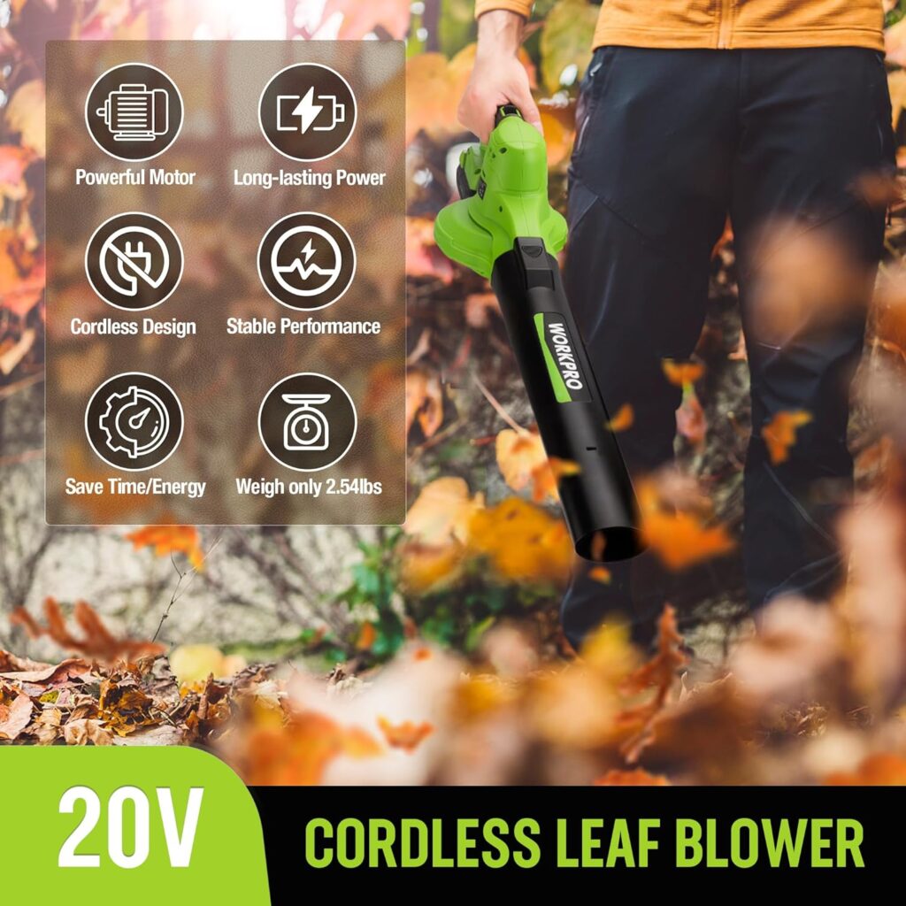 WORKPRO Cordless Leaf Blower, 20V Battery Powered Leaf Blowers for Lawn Care, 2-Speed Control Lightweight Mini Electric Leaf Blower with Battery and Charger WORKPRO Cordless Leaf Blower, 20V Battery Powered Leaf Blowers for Lawn Care, 2-Speed Control Lightweight Mini Electric Leaf Blower with Battery and Charger
