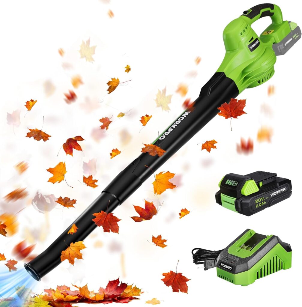 WORKPRO Cordless Leaf Blower, 20V Battery Powered Leaf Blowers for Lawn Care, 2-Speed Control Lightweight Mini Electric Leaf Blower with Battery and Charger WORKPRO Cordless Leaf Blower, 20V Battery Powered Leaf Blowers for Lawn Care, 2-Speed Control Lightweight Mini Electric Leaf Blower with Battery and Charger