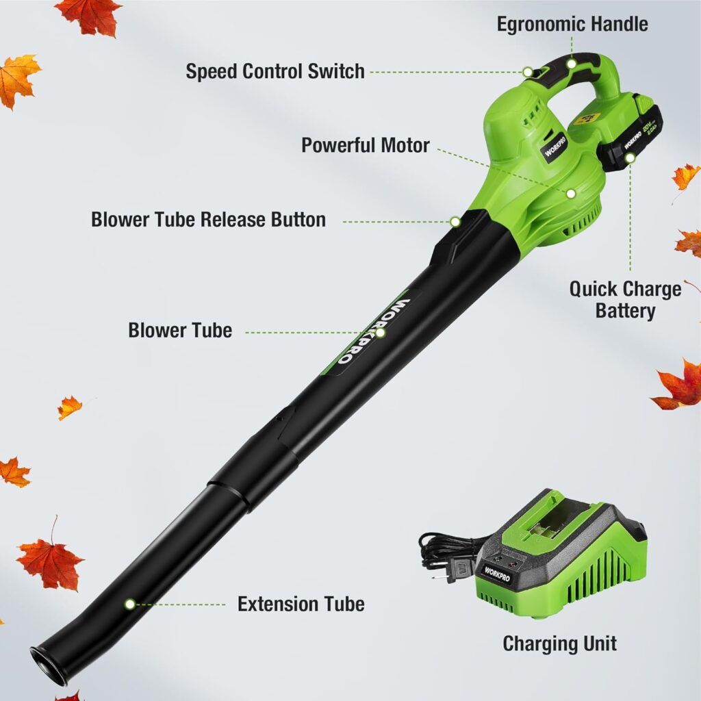 WORKPRO Cordless Leaf Blower, 20V Battery Powered Leaf Blowers for Lawn Care, 2-Speed Control Lightweight Mini Electric Leaf Blower with Battery and Charger WORKPRO Cordless Leaf Blower, 20V Battery Powered Leaf Blowers for Lawn Care, 2-Speed Control Lightweight Mini Electric Leaf Blower with Battery and Charger