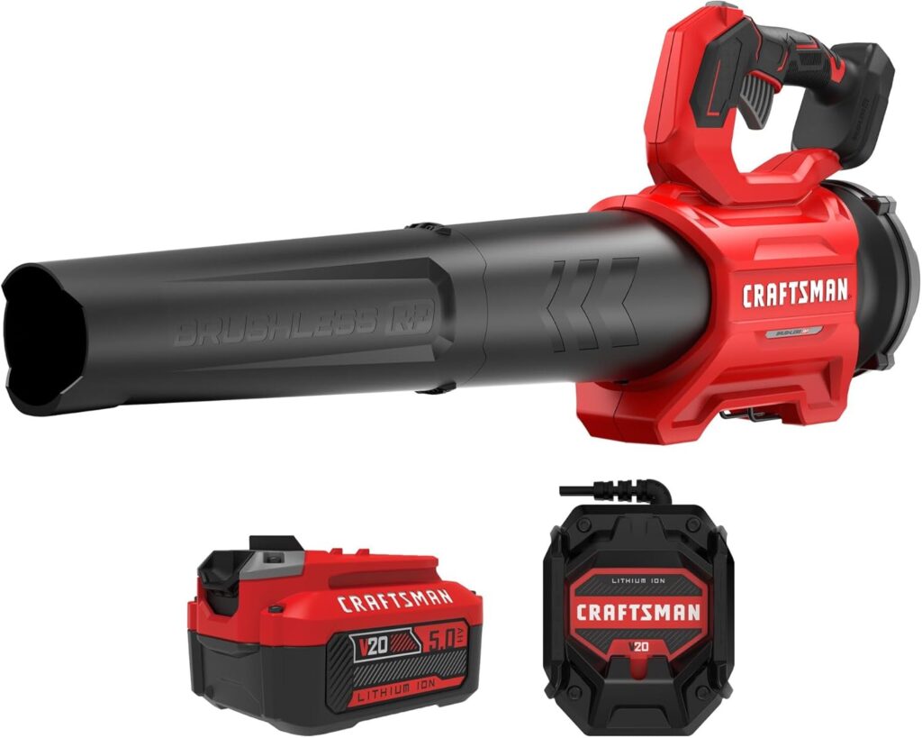 CRAFTSMAN Leaf Blower Cordless with Battery and Charger V20 RP, Up to 110 MPH Power, Handheld Electric Leaf Blower, Brushless Motor, Lightweight, 5.0Ah (CMCBL730P1) CRAFTSMAN Leaf Blower Cordless with Battery and Charger V20 RP, Up to 110 MPH Power, Handheld Electric Leaf Blower, Brushless Motor, Lightweight, 5.0Ah (CMCBL730P1)
