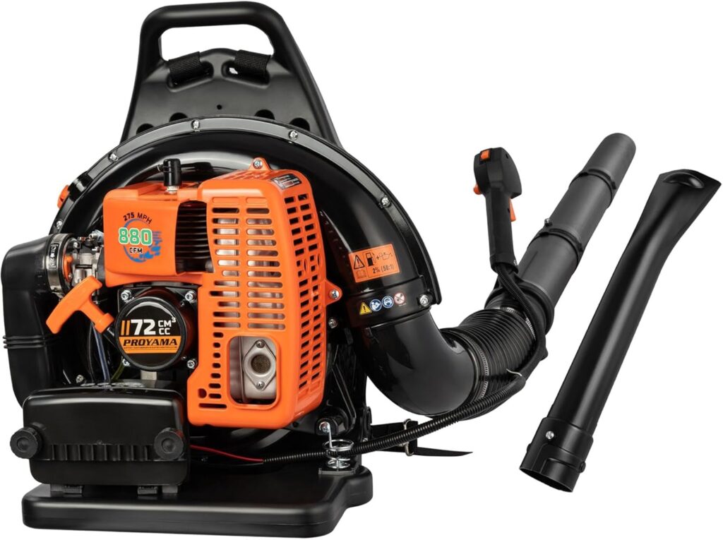 PROYAMA 72CC Gas Backpack Leaf Blower, 2-Cycle 880CFM 275MPH Gas Powered Engine, 2 in 1 Nozzle Low Vibration and Ergonomic Design with Cruise Control for Outdoor GardenYard Cleaning and Snow Removal PROYAMA 72CC Gas Backpack Leaf Blower, 2-Cycle 880CFM 275MPH Gas Powered Engine, 2 in 1 Nozzle Low Vibration and Ergonomic Design with Cruise Control for Outdoor GardenYard Cleaning and Snow Removal