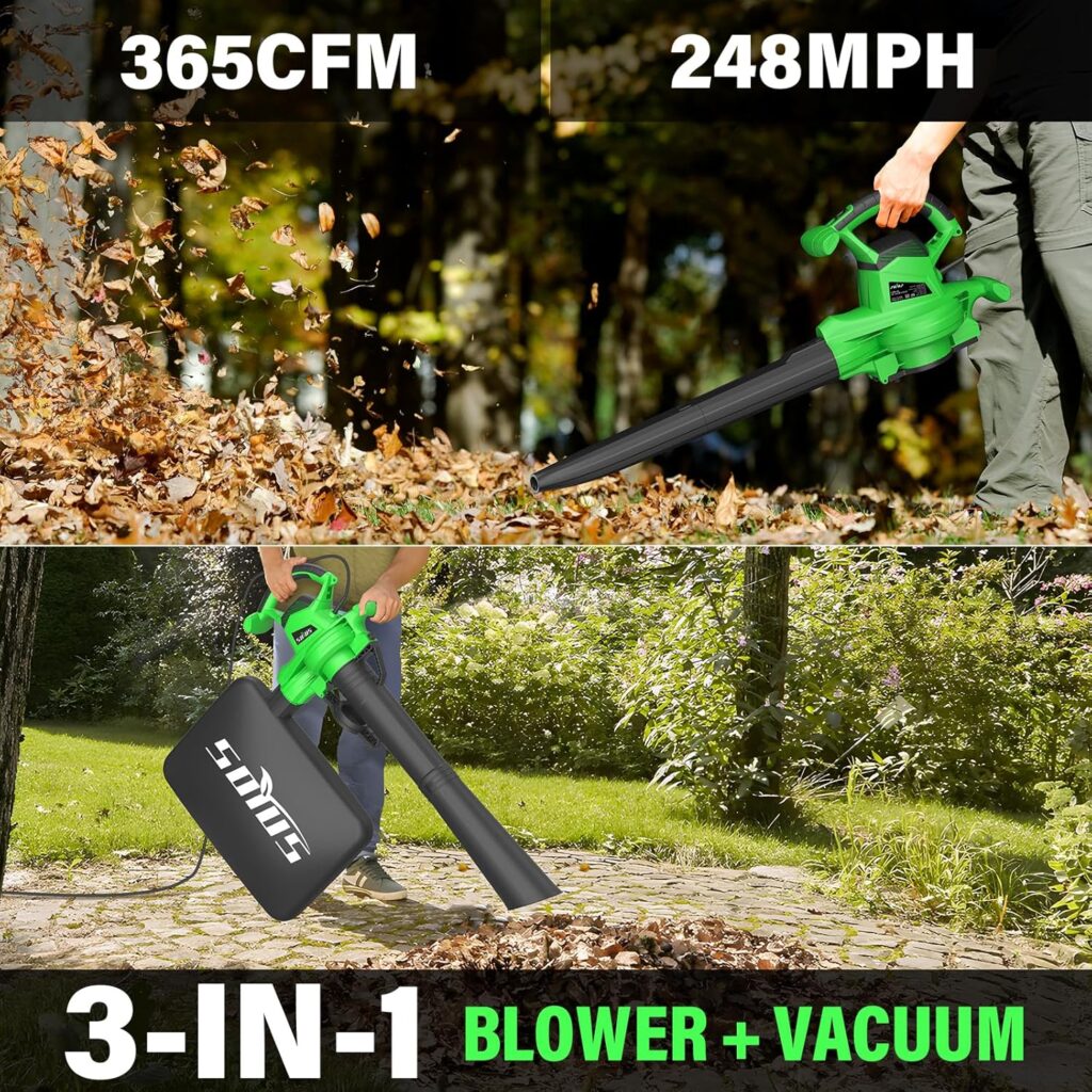 SOYUS 3-in-1 Electric Leaf Blower, Vacuum and Mulcher - 12Amp 365CFM Leaf Vac with Metal Impeller, 2-Speed Blower for Lawn Care with Bag and 10:1 Mulch Ratio SOYUS 3-in-1 Electric Leaf Blower, Vacuum and Mulcher - 12Amp 365CFM Leaf Vac with Metal Impeller, 2-Speed Blower for Lawn Care with Bag and 10:1 Mulch Ratio