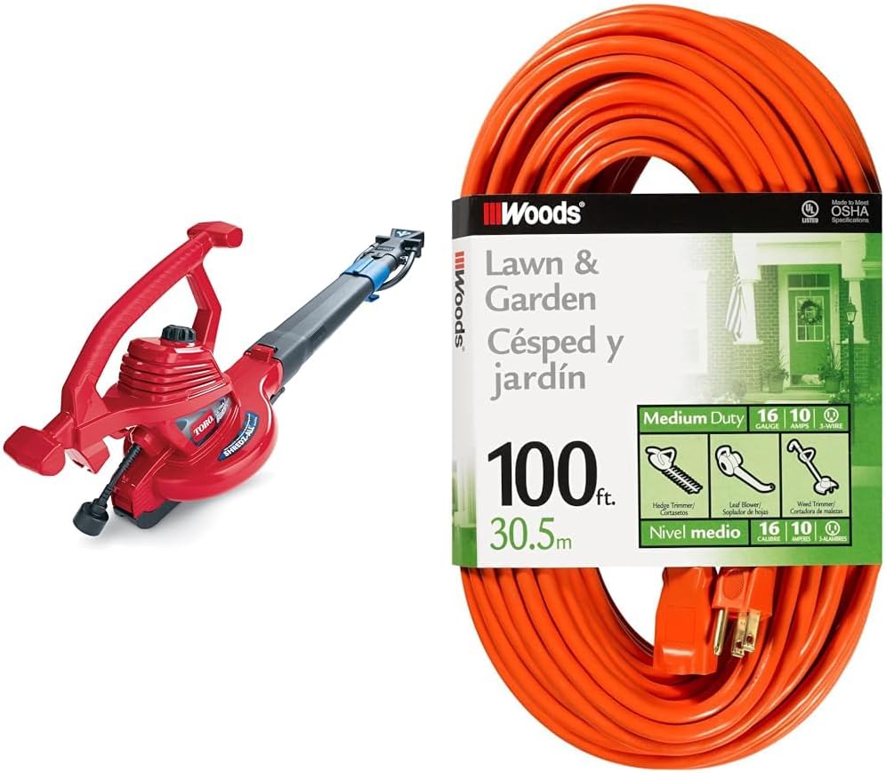 Toro 51621 UltraPlus Leaf Blower Vacuum, Variable-Speed (up to 250 mph) with Metal Impeller, 12 amp,Red Woods 0269 16/3 SJTW General Purpose Extension Cord; Orange; 100-Foot Toro 51621 UltraPlus Leaf Blower Vacuum, Variable-Speed (up to 250 mph) with Metal Impeller, 12 amp,Red Woods 0269 16/3 SJTW General Purpose Extension Cord; Orange; 100-Foot