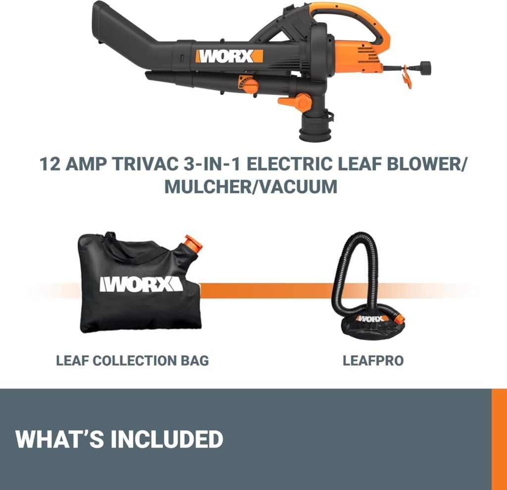 WORX Trivac 3-in-1 Electric Leaf Blower for Lawn Care, Leaf Mulcher/Leaf Vacuum with Bag, 350 CFM 210 MPH, Leaf Shredder with Metal Impeller, Reusable Bag Included, Corded, WG505.2 WORX Trivac 3-in-1 Electric Leaf Blower for Lawn Care, Leaf Mulcher/Leaf Vacuum with Bag, 350 CFM 210 MPH, Leaf Shredder with Metal Impeller, Reusable Bag Included, Corded, WG505.2