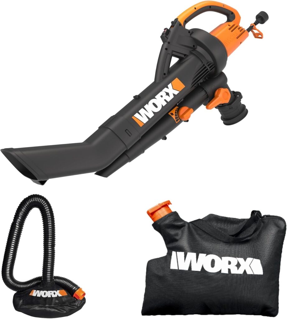 WORX Trivac 3-in-1 Electric Leaf Blower for Lawn Care, Leaf Mulcher/Leaf Vacuum with Bag, 350 CFM 210 MPH, Leaf Shredder with Metal Impeller, Reusable Bag Included, Corded, WG505.2 WORX Trivac 3-in-1 Electric Leaf Blower for Lawn Care, Leaf Mulcher/Leaf Vacuum with Bag, 350 CFM 210 MPH, Leaf Shredder with Metal Impeller, Reusable Bag Included, Corded, WG505.2